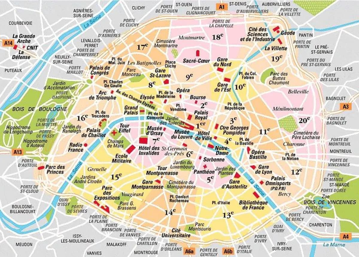 Carte des 20 arrondissements de Paris avec les principaux monuments, gares et bois